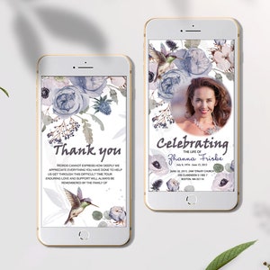 Modèle de programme funéraire numérique délicat pour les femmes, modèle de programme funéraire fleurs, Colibri, annonce de décès numérique iphone