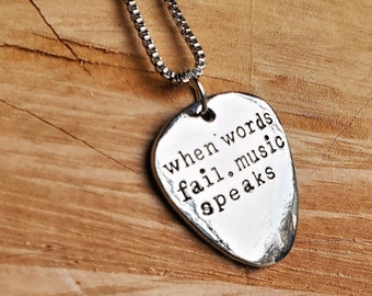 Guitar pick pendant necklace, When words fail. music speaks necklace, Music lover guitarist gift