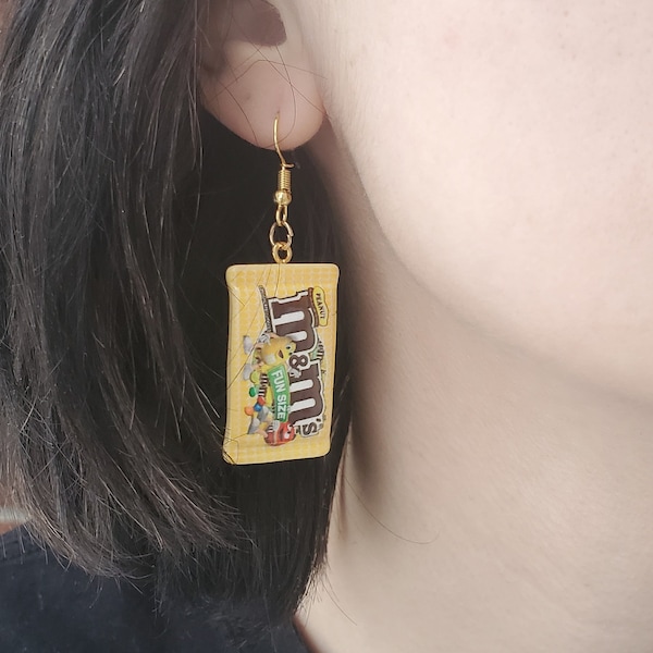 M&M earrings, M and M's chocolate earrings, Peanut candy bag earrings, Fun earrings, Retro kitsch vintage weird funky earrings