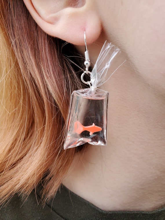 Goldfish in a Bag Earrings Goldfish Earrings Funny Earrings