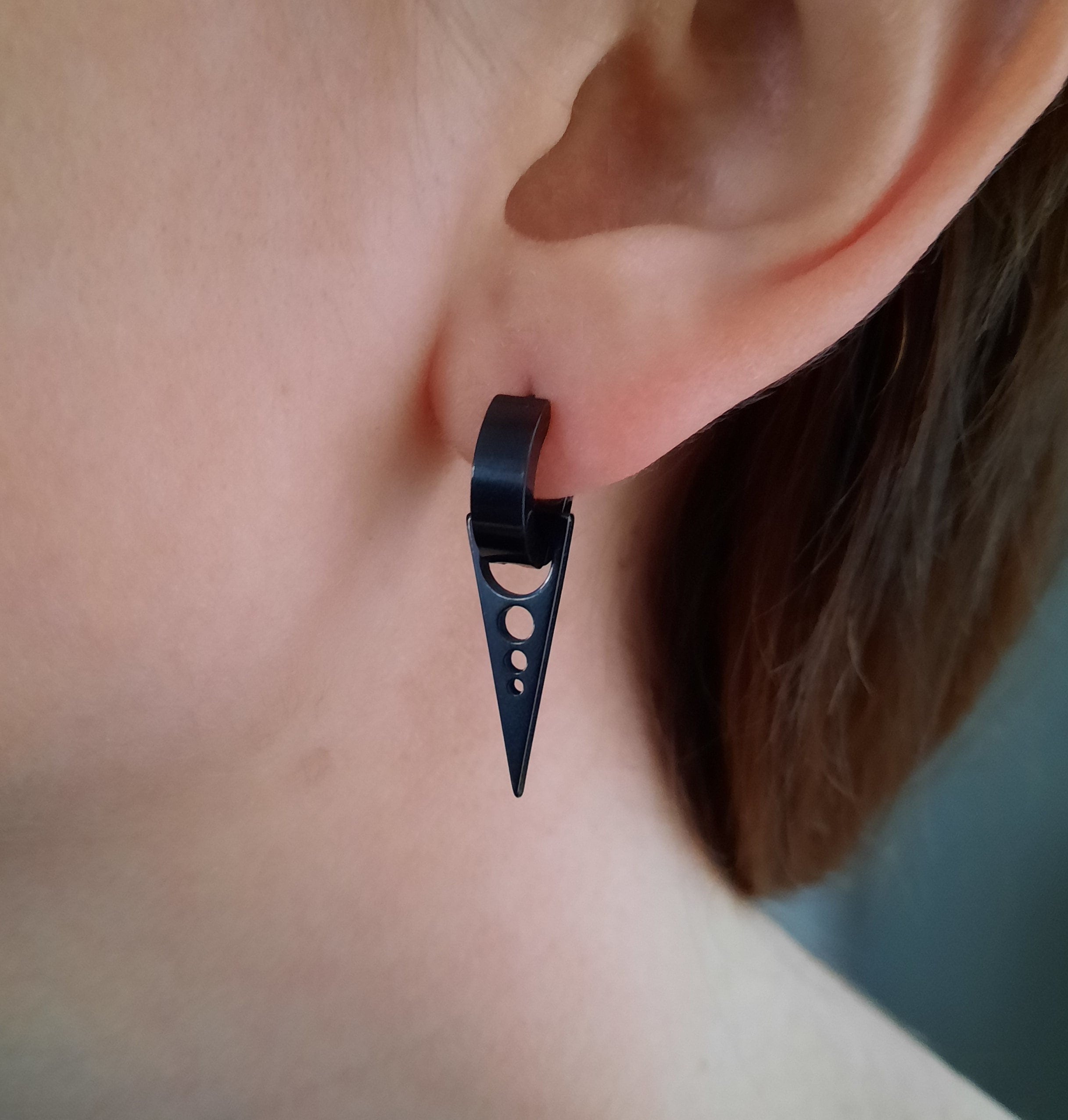 Black Huggie Hoop Earrings With Triangle Drop, Black