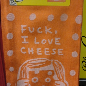 Geschirrtuch mit Aufschrift Fu@k I Love Käse