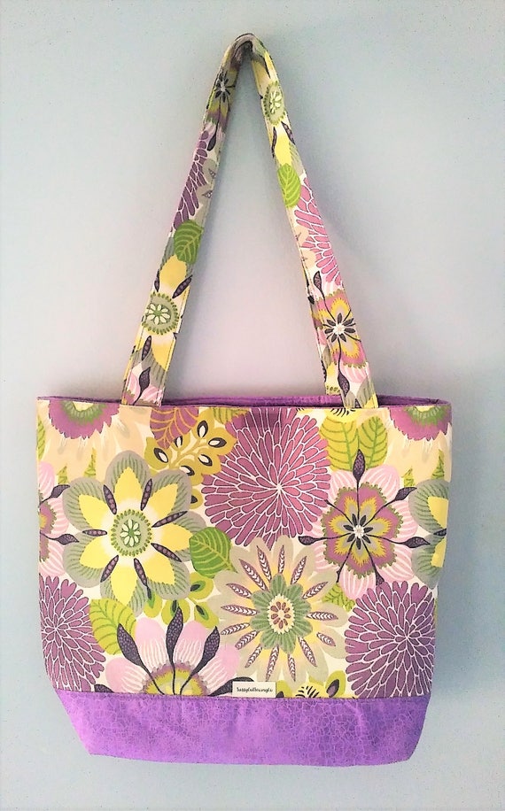 Purple and green floral tote bag/shoulder bag/on the go | Etsy