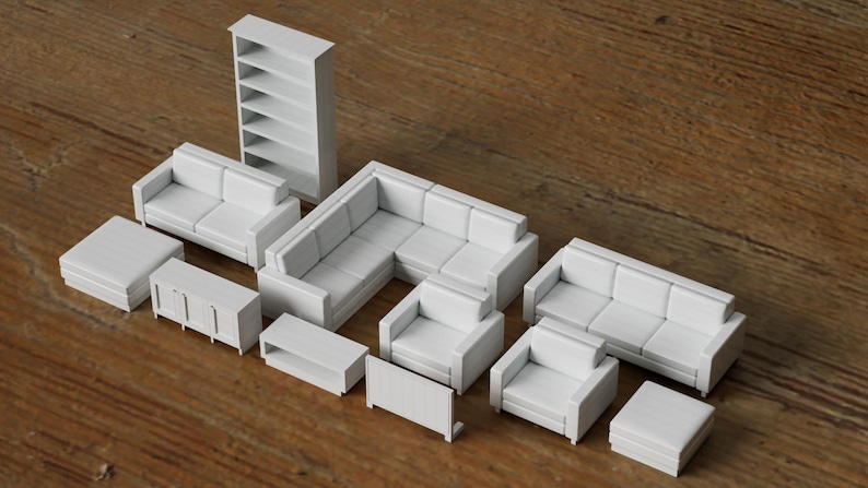 Puede incluir: Un sof&aacute; seccional blanco con una mesa de centro, mesas auxiliares y un puf a juego. Tambi&eacute;n hay una estanter&iacute;a blanca con cinco estantes.