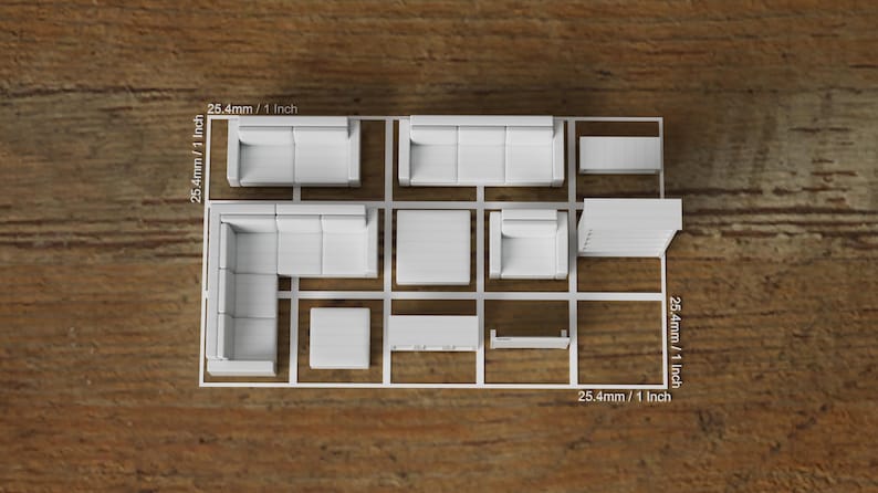 Puede incluir: Un sof&aacute; seccional blanco con una chaise longue, dos sillones, una mesa de centro y dos mesas auxiliares. Los muebles est&aacute;n dispuestos en una cuadr&iacute;cula sobre un suelo de madera. Las dimensiones de los muebles est&aacute;n etiquetadas en pulgadas.