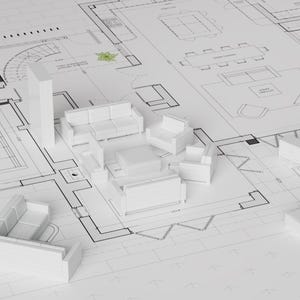 Puede incluir: Un modelo blanco de una distribuci&oacute;n de muebles de sala de estar en un plano. Los muebles incluyen un sof&aacute;, una mesa de centro y sillones.