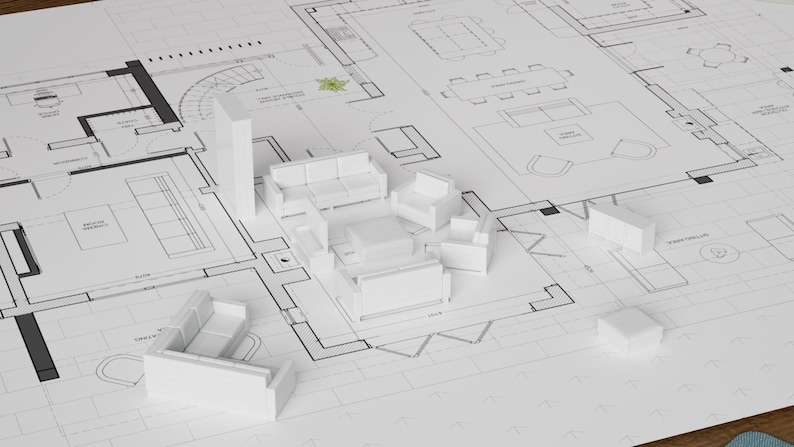 Puede incluir: Un modelo blanco de una distribuci&oacute;n de muebles de sala de estar en un plano. Los muebles incluyen un sof&aacute;, una mesa de centro y sillones.