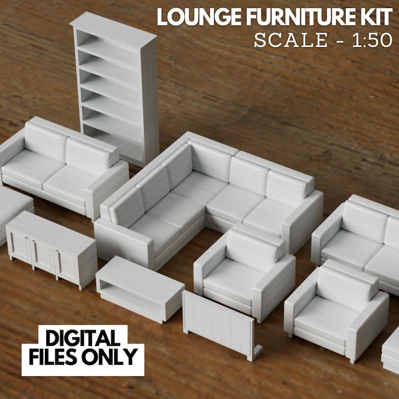 Puede incluir: Un kit de muebles de sal&oacute;n blanco a escala 1:50 para modelismo. El kit incluye un sof&aacute; seccional, dos sillones, una mesa de caf&eacute;, una estanter&iacute;a y un soporte de televisi&oacute;n. SOLO ARCHIVOS DIGITALES.