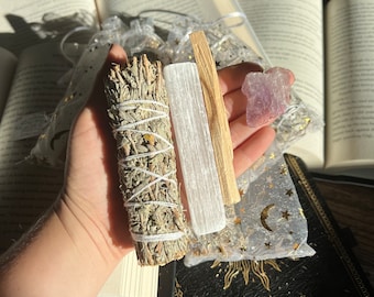 Herb & Crystal Cleansing Wand Bundle Sage/ Cedar, Palo Santo, Selenite and Amethyst or Rose Quartz Crystals