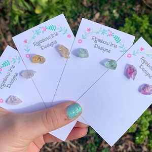 Small Raw Crystal Earring Studs- Amethyst, Rose Quartz, Fluorite, Citrine