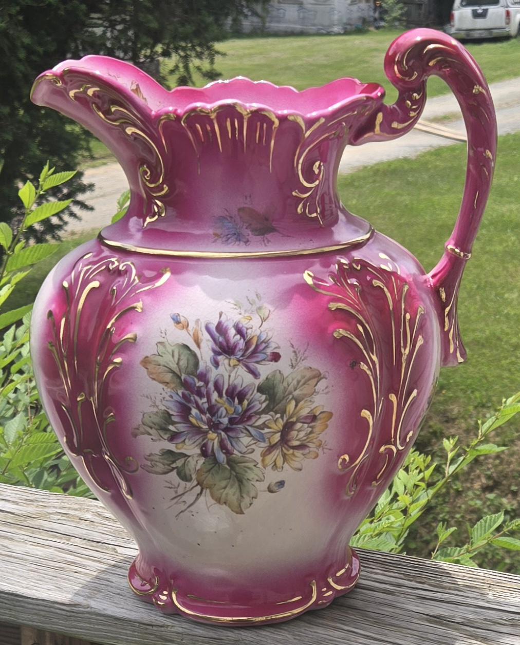 Antique Victorian Ewer | Cranberry Pink & Gold Gilt Pitcher | Hand