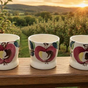 May include: Three off-white ceramic egg cups, each featuring a hand-painted red apple design with green leaves and brown stems. The cups have a wide, rounded base and a smooth, glossy finish, arranged in a row on a wooden surface.