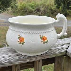 May include: Cream-colored ceramic bowl with a decorative handle and floral accents. The bowl features two orange rose illustrations and a textured rim. A vintage-style piece for display or use.
