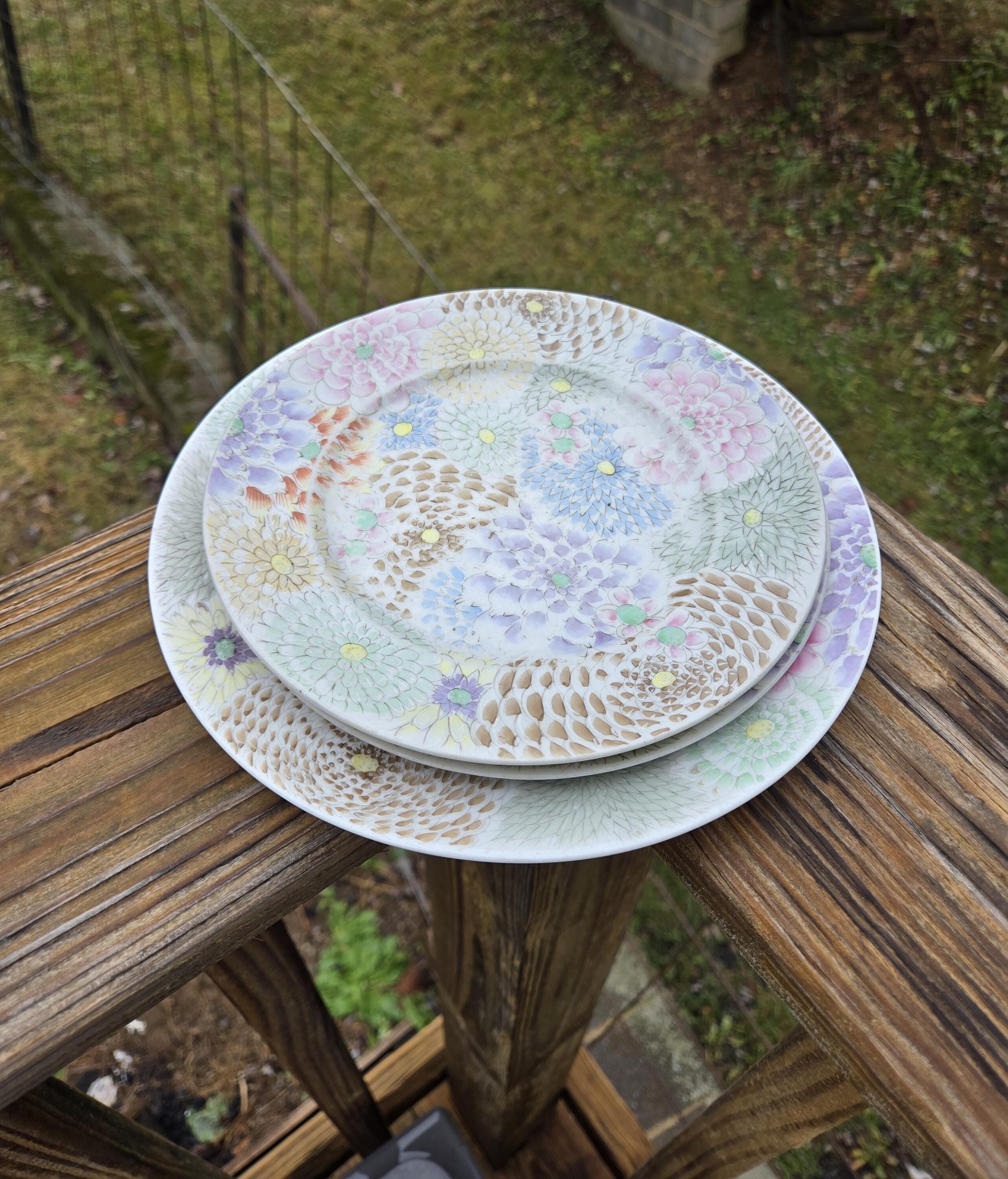 3 Antique Plates Meiji Era Thousand Flowers Design Japanese Satsuma