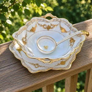 May include: A white porcelain serving bowl and matching ladle set featuring scalloped edges and intricate gold filigree floral patterns. The bowl has two integrated handles, and the ladle features a small gold floral motif at the center.