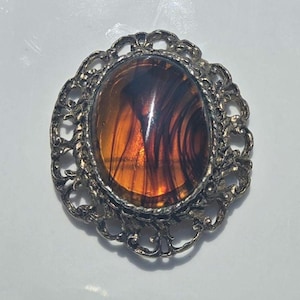 Vintage Brooch, Large Amber Glass Filigree Pin