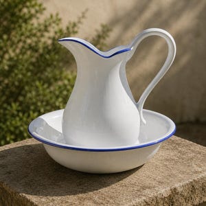 May include: A white enamel pitcher and matching basin set featuring a smooth, glossy finish with a thin, vibrant blue rim accenting the edges of the pitcher spout, the handle, and the circular basin, creating a clean and simple aesthetic.