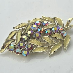 Vintage Brooch, Aurora Borealis and Yellow Enamel Leaf Pin
