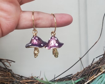 Toadstool earrings p, purple mushroom earrings,  mushroom earrings, mushroom hoop earrings