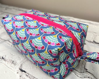 Blue Floral Fans Boxy Cosmetic Bag, Makeup Bag,  Storage Bag, Feminine, Pretty Bag, Handmade