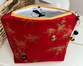 Pretty Red, Gold, Black and White Panda Brocade Floral Zipped Storage Pouch with Decorative Beads on a Swivel Snap, Handmade