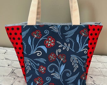 Navy Blue and Red Floral Insulated Lunch Bag, BPA Free Wipeable Lining, Magnetic Snap Closure and Canvas Handles