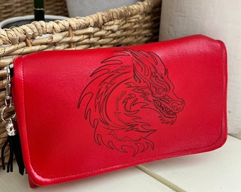 Laser Engraved Red Dragon Trifold Wallet with Black Tassel, Zipper, Magnetic Snap, Credit Card and Bill Pockets