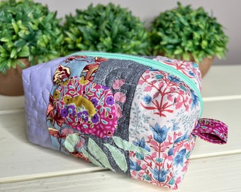 Floral Appliqued and Quilted Boxy Pouch, Boxy Zip Bag in Pretty Florals with Mint Green Zipper