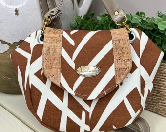 Palm Leaves Brown and Cream Small Shoulder Bag with Cork on Front Flap and a Faux Leather Strap, Fashion Purse, Crossbody Bag