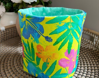 Bright and Beautiful Floral Fabric Basket, Yellow, Orange, Green, Pink and Blue, Home Decor, Floral Storage Basket, Gift Basket, Home Decor