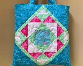 Colorful, Color Block, Bright Quilted Tote Bag, Padded, Gray and White Polka Dot Lining, and Turquoise, Pink, Mint Green and White Exterior