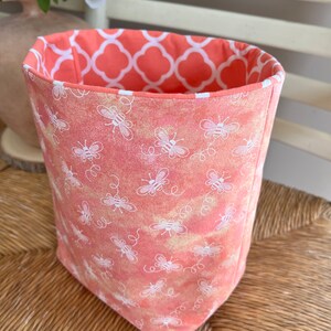 Peach Handmade Fabric Basket with Bees,  Reusable Gift Basket, Decorative Basket, Home Decor, Storage Basket, Gifts for Her
