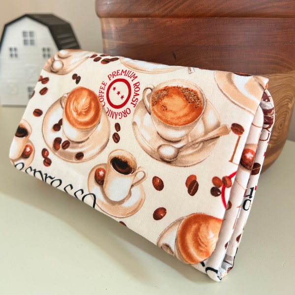 Fabric Coffee Break Wallet, Latte, Espresso Tri-Fold, Black, Red, Snap Closure plenty of room for Credit Cards, Cash, Plaid Interior, Womens