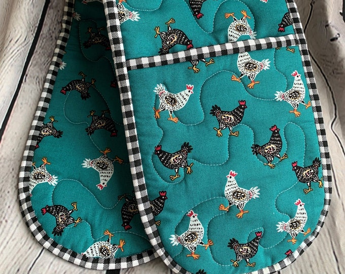 French Chickens Double Oven Mitt, Double Oven Potholder, French Kitchen