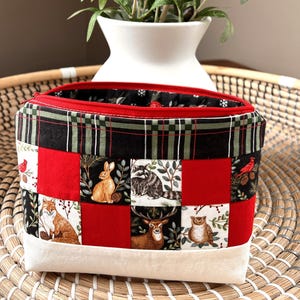 Woodland Animals Patchwork Zipper Pouch, Quilted Fox Deer Owl Cosmetic Bag, Red Plaid Cotton Makeup Travel Organizer, Nature Lover Gift