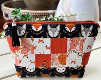 Woodland Fox Zipper Pouch, Quilted Patchwork Makeup Bag, Small Owl & Butterfly Cosmetic Bag, Forest Animal Travel Organizer, Tassel Pouch