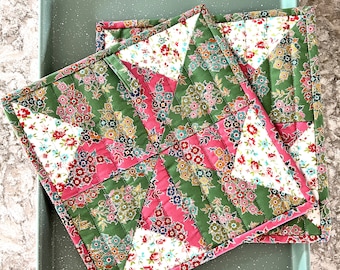 Handmade Pink and Green Quilted Pinwheel Square Potholder Set with Hanging Loops