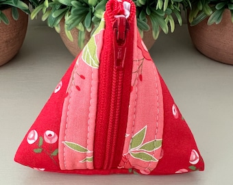 Red and Pink Floral Triangle Zipped Pouch, Coin Purse, Small Pouch, with Swivel Clip, Pyramid Shape