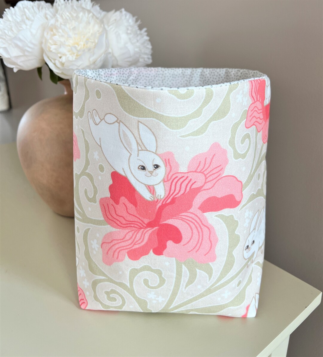 Bunny Fabric Basket, Peach and Cream, Home Accent, Home Decor, Gift