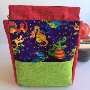 Handmade Kids Dragons Insulated Lunch Bag: Purple & Green, Front Pocket
