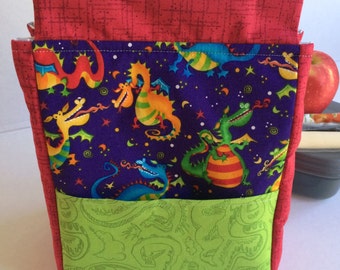 Kids Dragons Insulated Lunch Bag, Purple and Green with Front Pocket and Velcro Closure, Magical Dragons, Handmade