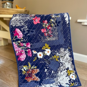 Handmade Quilted Floral Table Runner: Reversible Blue & Pink Decor
