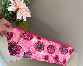 Stunning Extra Large Floral Zipper Bag, Pink, Green, Blue Elegant Cosmetic, Makeup and Travel Pouch