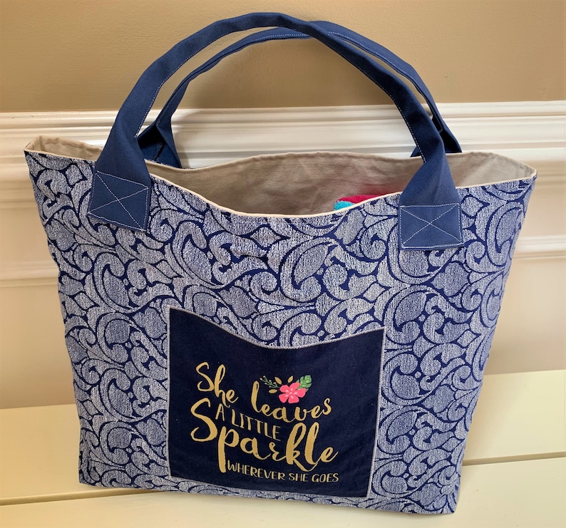 a Mermaid and an Inspirational Quote and Canvas Handles Large Mermaid Beach Bag Canvas Tote in Navy Print with two appliques