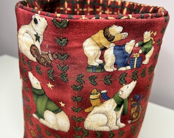 Polar Bears Country Decor Fabric Basket in Burgundy and Green,  Gift Basket, Home Decor, Pretty Handmade Fabric Basket, Storage Basket