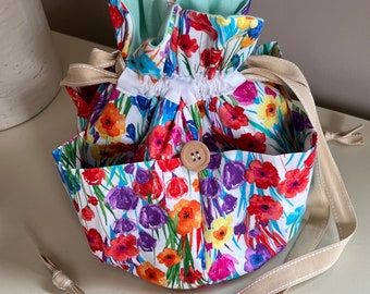 Handmade Pretty Tulip Drawstring Toiletry Bag with Outside Pockets, Ribbon Drawstring, Spa Bag, Storage Bag, Self Care Bag, Cosmetic Bag