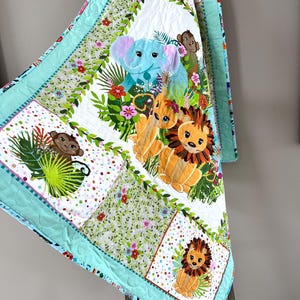 Handmade Jungle Animals Baby Quilt: Lion, Elephant, Monkey Nursery Bedding