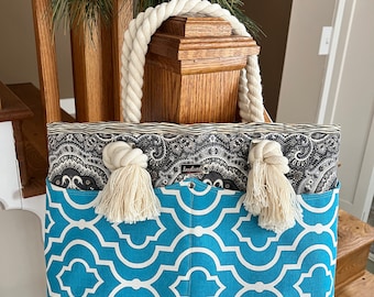 Classy, Beautiful Blue Large, Sturdy Tote Bag with Rope Handles and Eight Pockets, Roomy Tote, Handmade Gorgeous Tote Bag