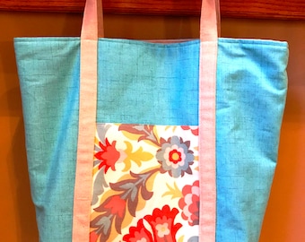 Large Handmade Tote Bag, Grocery Bag, Market Bag, Heavy Duty, Canvass Shopping Bag, Blue, Floral