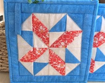 Handmade Quilted Star Potholders Set in Blue, Green and Orange with Cute Ice Cream Fabric and Hanging Loop